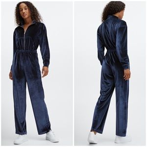 Fabletics Velour Zip-Up Wide Leg Onsie Jumpsuit in Navy Blue Size XL